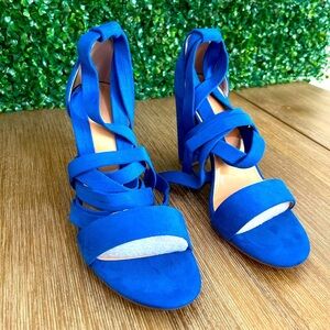 Bold Blue Lace-Up Block Heel Sandals Women’s 9 – Suede Strappy Party Shoes NEW
